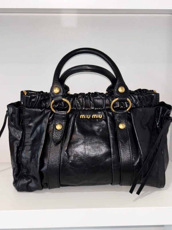 Miu Miu Black Vitello Lux Leather Gathered Tote